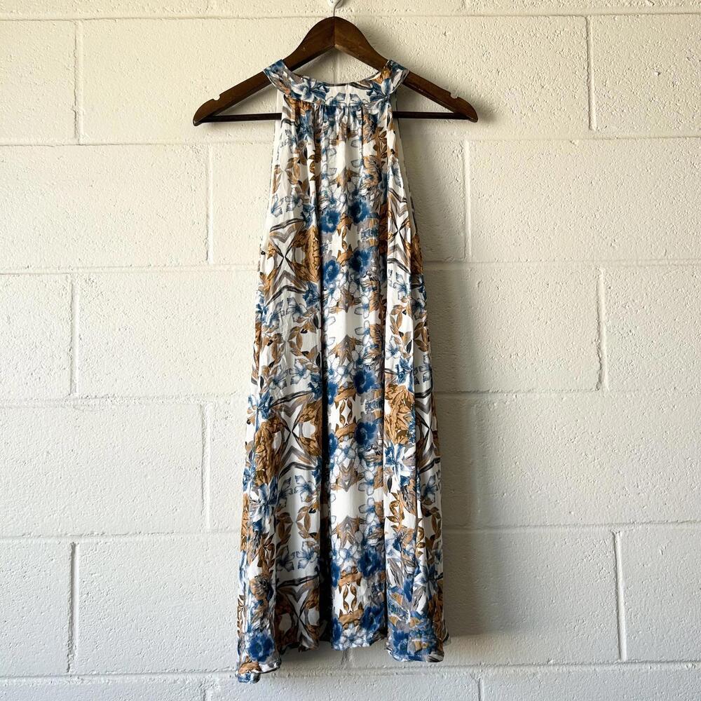 Entro Blue White Brown Floral Sleeveless Hatler Mini Dress Women's Small